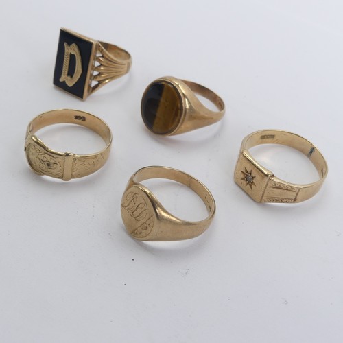 315 - Five 9ct yellow gold gentleman's Signet Rings, variously set including oval tiger's eye, SizeU, blac... 