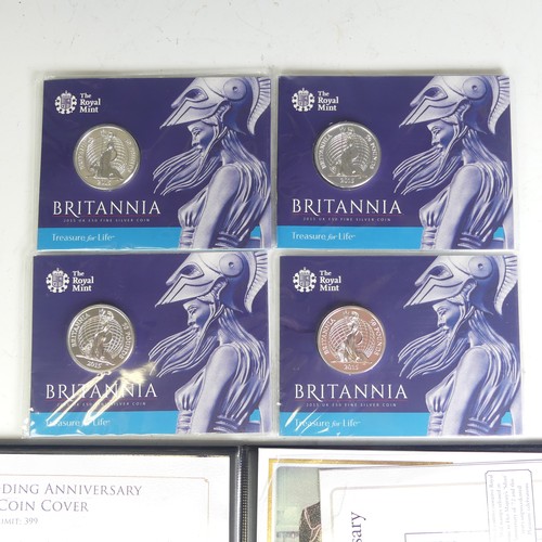 343 - Four 2015 Britannia fine silver uncirculated £50 Coins, in sealed Royal Mint carded blister packs as... 