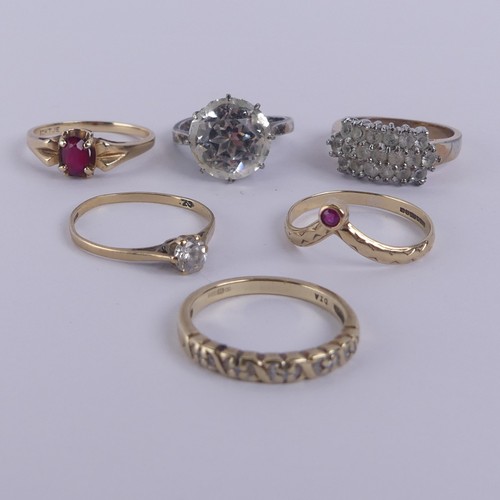 191 - Four 9ct yellow gold Rings, one with V shaped front set ruby, Size O, one small diamond points, Size... 