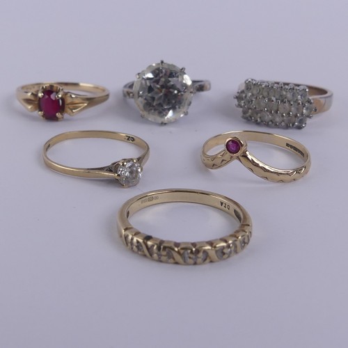 191 - Four 9ct yellow gold Rings, one with V shaped front set ruby, Size O, one small diamond points, Size... 