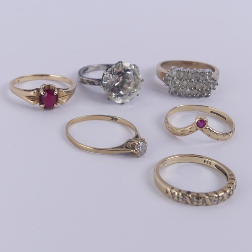 191 - Four 9ct yellow gold Rings, one with V shaped front set ruby, Size O, one small diamond points, Size... 