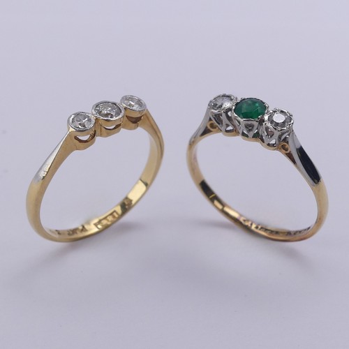 203 - A small emerald and diamond three stone Ring, together with a three stone diamond ring, both mounted... 