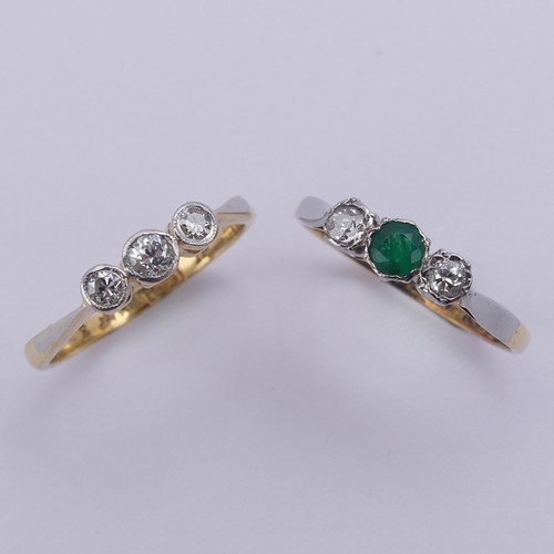 203 - A small emerald and diamond three stone Ring, together with a three stone diamond ring, both mounted... 