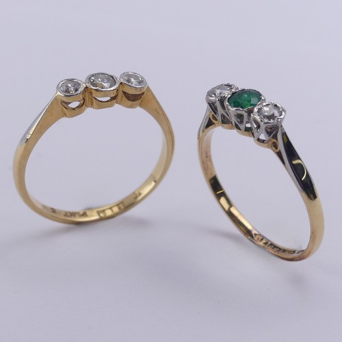 203 - A small emerald and diamond three stone Ring, together with a three stone diamond ring, both mounted... 