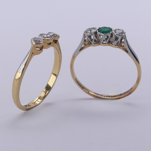 203 - A small emerald and diamond three stone Ring, together with a three stone diamond ring, both mounted... 