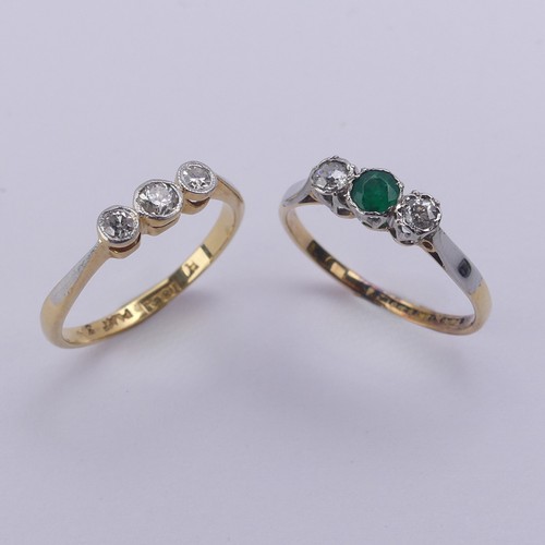 203 - A small emerald and diamond three stone Ring, together with a three stone diamond ring, both mounted... 