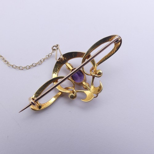 280 - An Edwardian amethyst and seed pearl Brooch, all mounted in 15ct yellow gold, 4.2cm long, 5.5g, in a... 