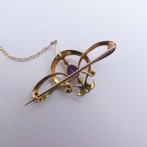 280 - An Edwardian amethyst and seed pearl Brooch, all mounted in 15ct yellow gold, 4.2cm long, 5.5g, in a... 