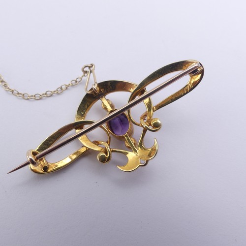 280 - An Edwardian amethyst and seed pearl Brooch, all mounted in 15ct yellow gold, 4.2cm long, 5.5g, in a... 