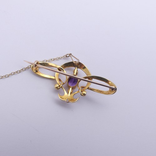 280 - An Edwardian amethyst and seed pearl Brooch, all mounted in 15ct yellow gold, 4.2cm long, 5.5g, in a... 