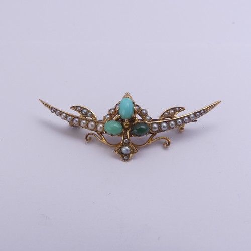 229 - An antique turquoise and seed pearl Brooch, mounted in 15ct yellow gold, with metal pin reverse, pro... 