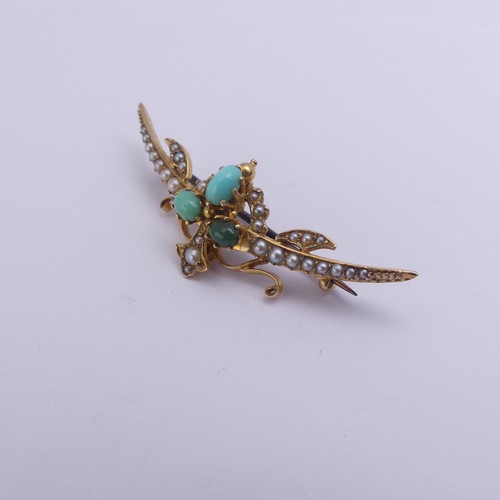 229 - An antique turquoise and seed pearl Brooch, mounted in 15ct yellow gold, with metal pin reverse, pro... 