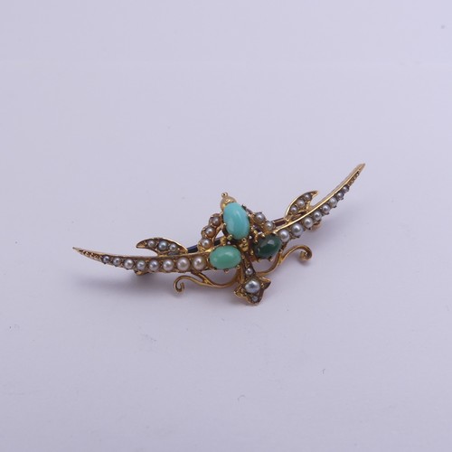 229 - An antique turquoise and seed pearl Brooch, mounted in 15ct yellow gold, with metal pin reverse, pro... 