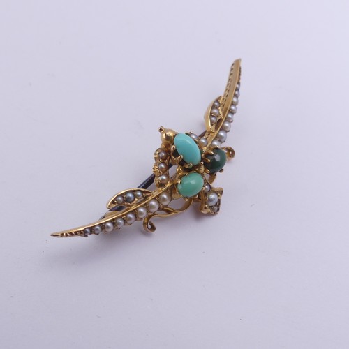 229 - An antique turquoise and seed pearl Brooch, mounted in 15ct yellow gold, with metal pin reverse, pro... 