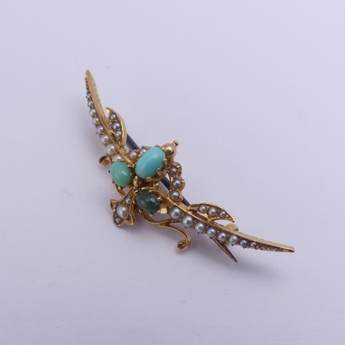 229 - An antique turquoise and seed pearl Brooch, mounted in 15ct yellow gold, with metal pin reverse, pro... 