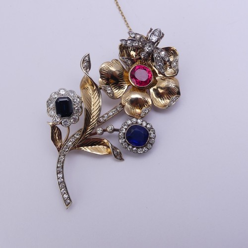 283 - A striking gem set foliate Brooch, formed from other pieces of jewellery including a sapphire and di... 