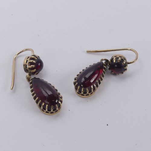 284 - A pair of cabochon garnet drop Earrings, mounted in unmarked gold, tested as 9ct gold, 26mm long.... 