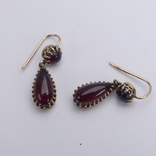 284 - A pair of cabochon garnet drop Earrings, mounted in unmarked gold, tested as 9ct gold, 26mm long.... 