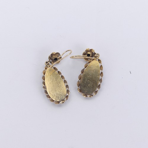 285 - A pair of gold mounted drop Earrings, set with Continental pear shaped painted porcelain panels of a... 