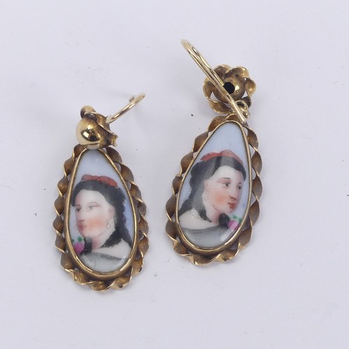 285 - A pair of gold mounted drop Earrings, set with Continental pear shaped painted porcelain panels of a... 