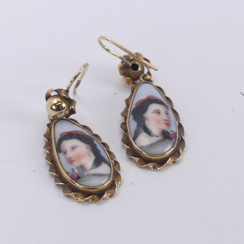 285 - A pair of gold mounted drop Earrings, set with Continental pear shaped painted porcelain panels of a... 