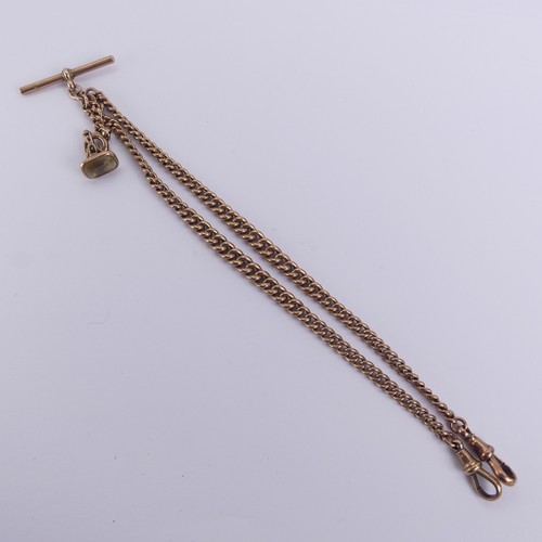 260 - A 9ct rose gold double 'Albert' Watch Chain, the graduated curb link chains each with a clip fitting... 