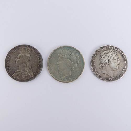 348 - A George III Crown, dated 1819, together with a Victorian crown, dated 1887 and a United Stated 'Pea... 