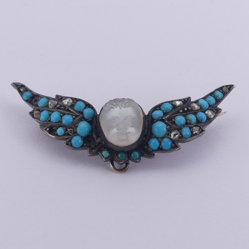 286 - A Victorian carved moonstone Cherub Brooch, with turquoise and rose cut diamond set wings, all mount... 