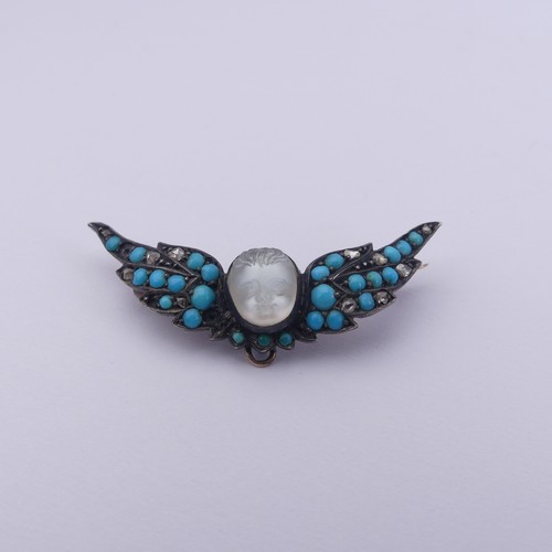 286 - A Victorian carved moonstone Cherub Brooch, with turquoise and rose cut diamond set wings, all mount... 