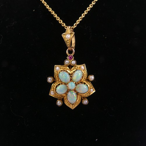 261 - An antique opal Pendant, the five oval opals and one small circular forming the central flowerhead c... 