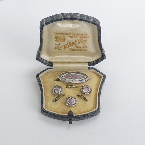 329 - A vintage cased silver and enamel Brooch and Button set, the fronts with pink and white guilloche en... 