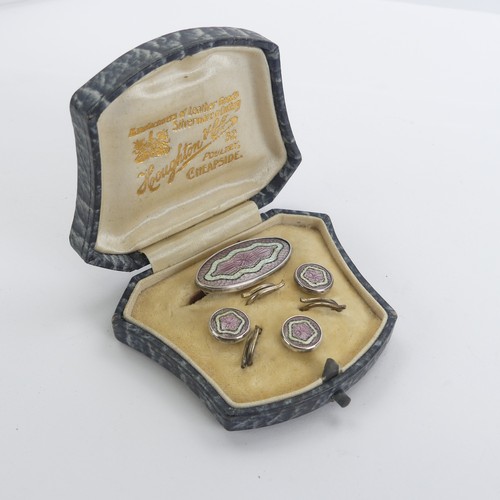 329 - A vintage cased silver and enamel Brooch and Button set, the fronts with pink and white guilloche en... 