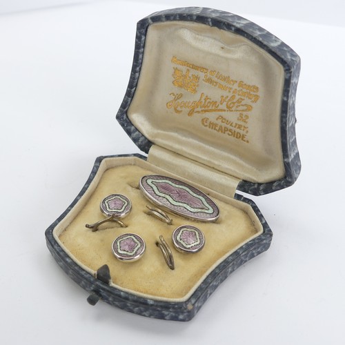 329 - A vintage cased silver and enamel Brooch and Button set, the fronts with pink and white guilloche en... 