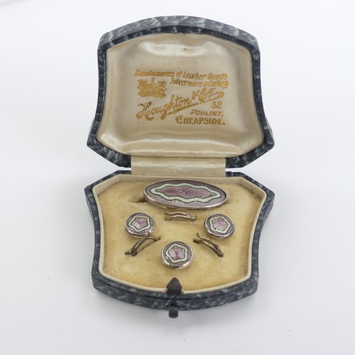 329 - A vintage cased silver and enamel Brooch and Button set, the fronts with pink and white guilloche en... 