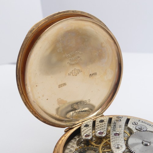 156 - A 9ct gold open face Pocket Watch, the white enamel dial with black Roman Numerals and subsidiary se... 