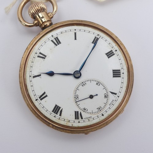 156 - A 9ct gold open face Pocket Watch, the white enamel dial with black Roman Numerals and subsidiary se... 