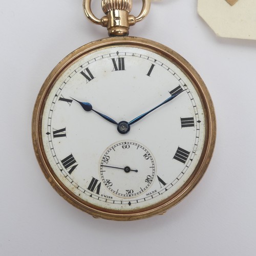 156 - A 9ct gold open face Pocket Watch, the white enamel dial with black Roman Numerals and subsidiary se... 