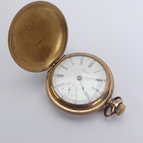 157 - An early 20thC Waltham gold plated hunter Pocket Watch, the signed white enamel dial with Roman nume... 