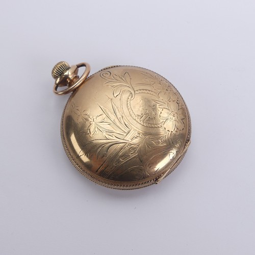 157 - An early 20thC Waltham gold plated hunter Pocket Watch, the signed white enamel dial with Roman nume... 