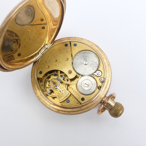 157 - An early 20thC Waltham gold plated hunter Pocket Watch, the signed white enamel dial with Roman nume... 