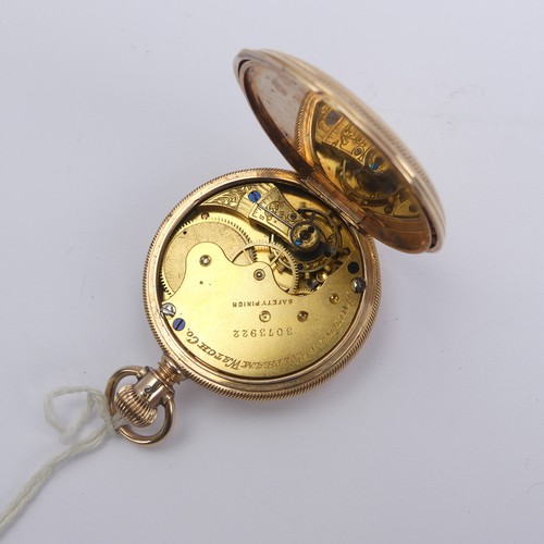 157 - An early 20thC Waltham gold plated hunter Pocket Watch, the signed white enamel dial with Roman nume... 