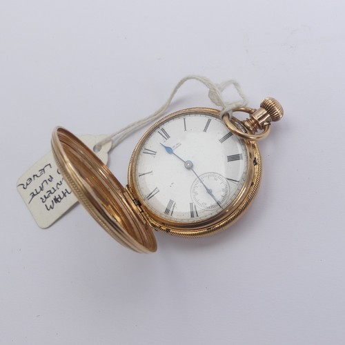 157 - An early 20thC Waltham gold plated hunter Pocket Watch, the signed white enamel dial with Roman nume... 