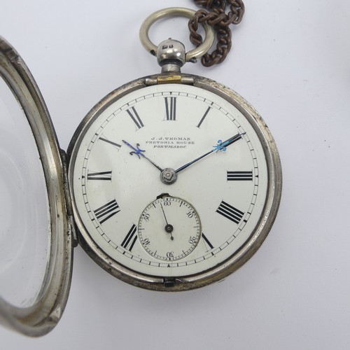 160 - A silver Pocket Watch, the white enamel dial signed 'J.J. Thomas, Pretoria House Portmadoc', with Ro... 