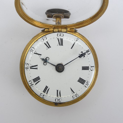 169 - An 18thC gilt metal and tortoiseshell pair cased Pocket Watch, the white enamel dial with black Roma... 