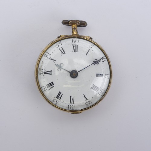 169 - An 18thC gilt metal and tortoiseshell pair cased Pocket Watch, the white enamel dial with black Roma... 