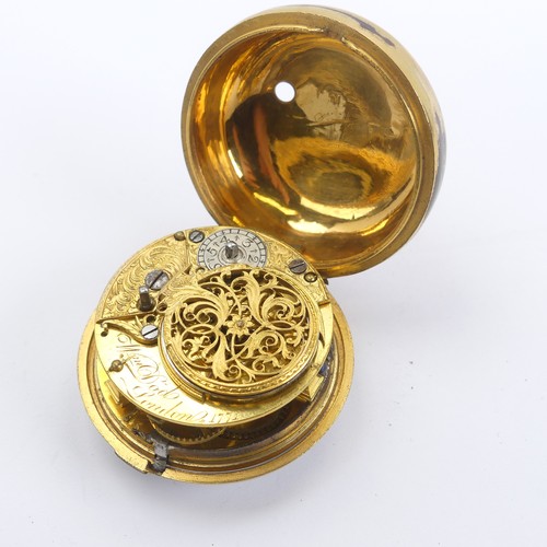 169 - An 18thC gilt metal and tortoiseshell pair cased Pocket Watch, the white enamel dial with black Roma... 