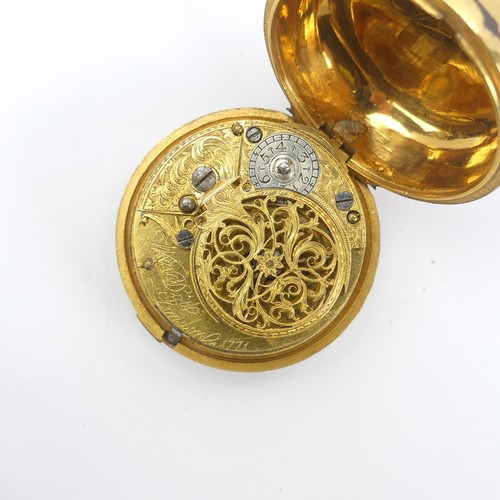 169 - An 18thC gilt metal and tortoiseshell pair cased Pocket Watch, the white enamel dial with black Roma... 