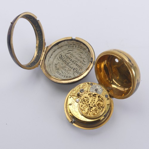 169 - An 18thC gilt metal and tortoiseshell pair cased Pocket Watch, the white enamel dial with black Roma... 