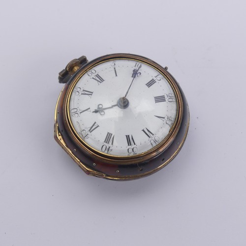 169 - An 18thC gilt metal and tortoiseshell pair cased Pocket Watch, the white enamel dial with black Roma... 