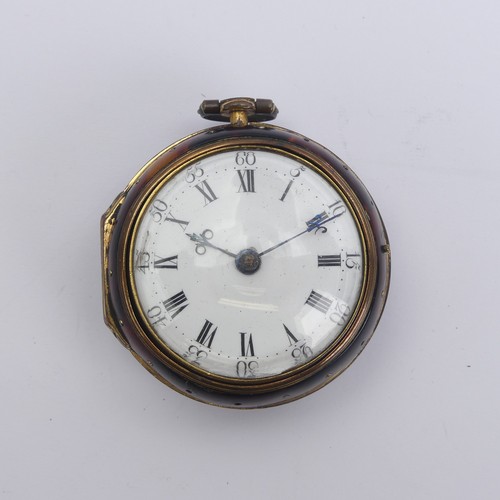 169 - An 18thC gilt metal and tortoiseshell pair cased Pocket Watch, the white enamel dial with black Roma... 